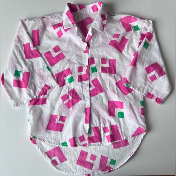 Vintage blouse short sleeves white with pink and green geometric patterns - Picture 1 of 5